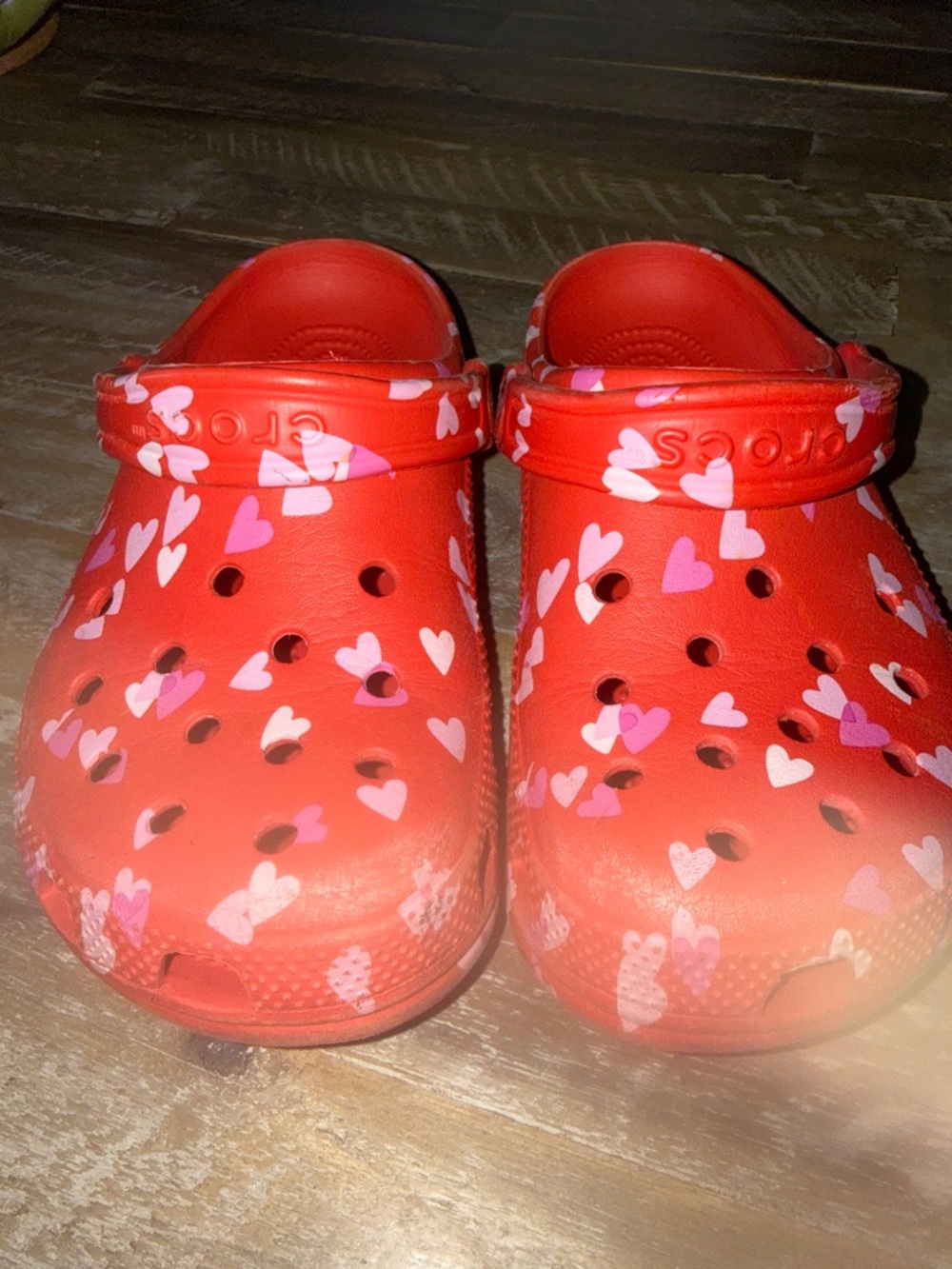 CROCS Kids Red Clogs with Pink & White Heart Print